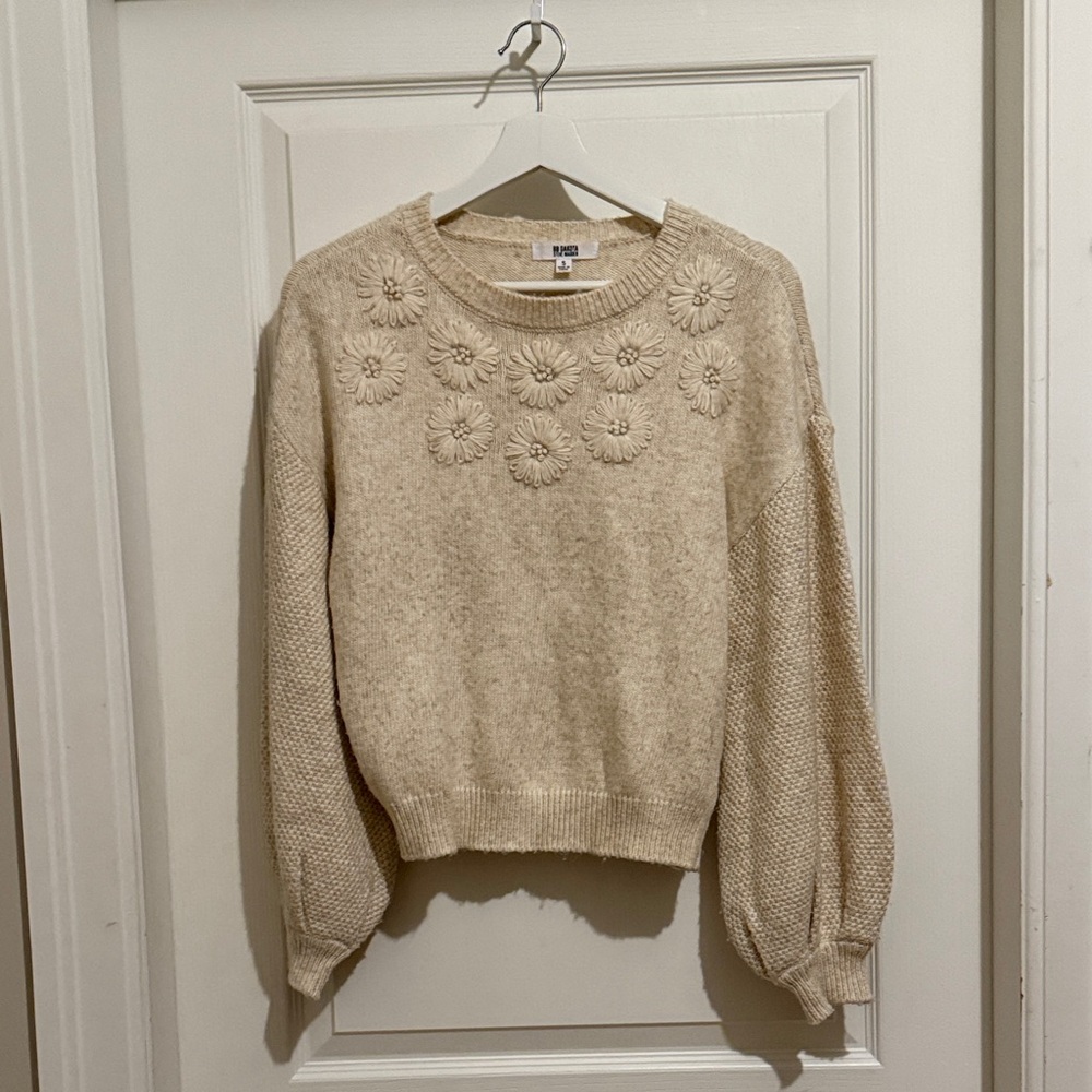BB Dakota Cream Sweater with Floral Embellishments